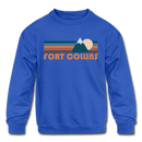 Fort Collins, Colorado Youth Sweatshirt - Retro Mountain Youth Fort Collins Crewneck Sweatshirt - royal blue
