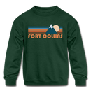 Fort Collins, Colorado Youth Sweatshirt - Retro Mountain Youth Fort Collins Crewneck Sweatshirt - forest green