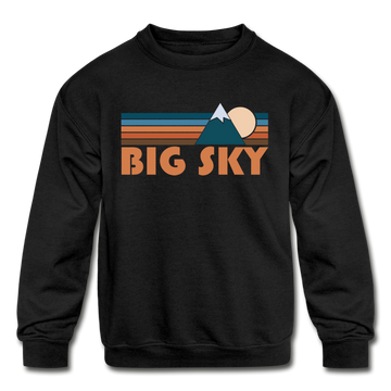 Big Sky, Montana Youth Sweatshirt - Retro Mountain Youth Big Sky Crewneck Sweatshirt - black