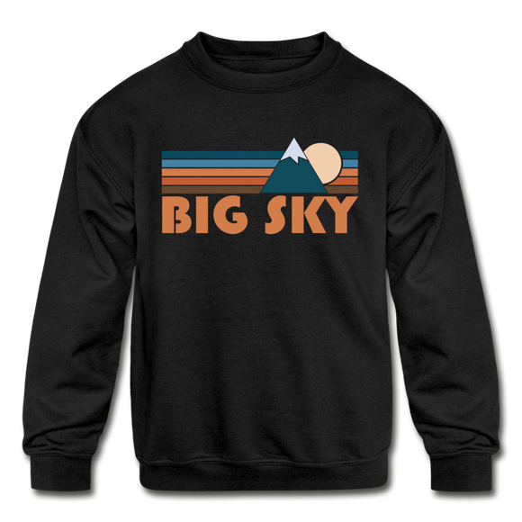 Big Sky, Montana Youth Sweatshirt - Retro Mountain Youth Big Sky Crewneck Sweatshirt - black
