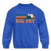 Big Sky, Montana Youth Sweatshirt - Retro Mountain Youth Big Sky Crewneck Sweatshirt - royal blue