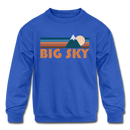 Big Sky, Montana Youth Sweatshirt - Retro Mountain Youth Big Sky Crewneck Sweatshirt - royal blue