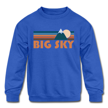 Big Sky, Montana Youth Sweatshirt - Retro Mountain Youth Big Sky Crewneck Sweatshirt - royal blue