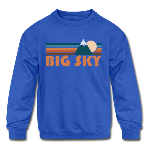 Big Sky, Montana Youth Sweatshirt - Retro Mountain Youth Big Sky Crewneck Sweatshirt - royal blue