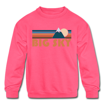Big Sky, Montana Youth Sweatshirt - Retro Mountain Youth Big Sky Crewneck Sweatshirt - neon pink