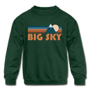 Big Sky, Montana Youth Sweatshirt - Retro Mountain Youth Big Sky Crewneck Sweatshirt - forest green