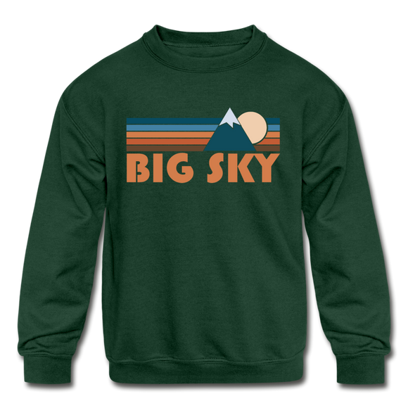 Big Sky, Montana Youth Sweatshirt - Retro Mountain Youth Big Sky Crewneck Sweatshirt - forest green