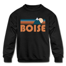 Boise, Idaho Youth Sweatshirt - Retro Mountain Youth Boise Crewneck Sweatshirt - black