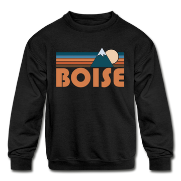 Boise, Idaho Youth Sweatshirt - Retro Mountain Youth Boise Crewneck Sweatshirt - black