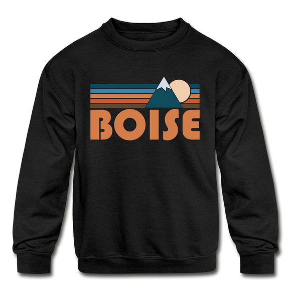 Boise, Idaho Youth Sweatshirt - Retro Mountain Youth Boise Crewneck Sweatshirt - black