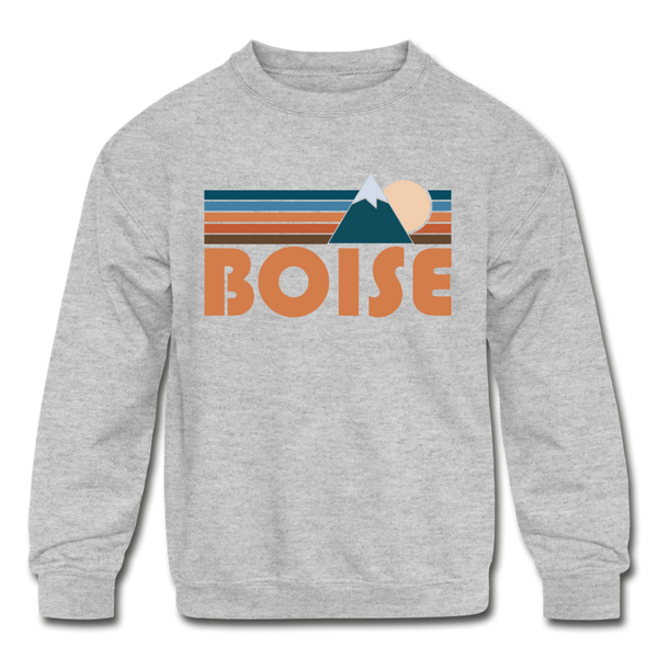 Boise, Idaho Youth Sweatshirt - Retro Mountain Youth Boise Crewneck Sweatshirt - heather gray