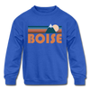 Boise, Idaho Youth Sweatshirt - Retro Mountain Youth Boise Crewneck Sweatshirt - royal blue