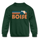 Boise, Idaho Youth Sweatshirt - Retro Mountain Youth Boise Crewneck Sweatshirt - forest green