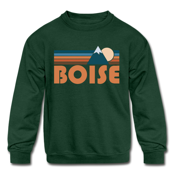 Boise, Idaho Youth Sweatshirt - Retro Mountain Youth Boise Crewneck Sweatshirt - forest green