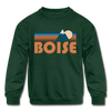Boise, Idaho Youth Sweatshirt - Retro Mountain Youth Boise Crewneck Sweatshirt - forest green