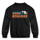 Boulder, Colorado Youth Sweatshirt - Retro Mountain Youth Boulder Crewneck Sweatshirt - black