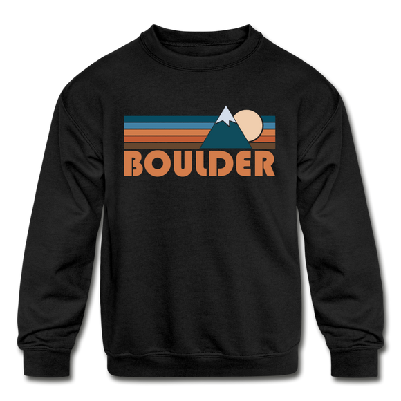 Boulder, Colorado Youth Sweatshirt - Retro Mountain Youth Boulder Crewneck Sweatshirt - black