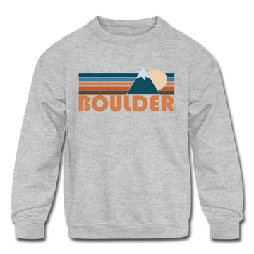Boulder, Colorado Youth Sweatshirt - Retro Mountain Youth Boulder Crewneck Sweatshirt - heather gray