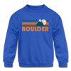 Boulder, Colorado Youth Sweatshirt - Retro Mountain Youth Boulder Crewneck Sweatshirt - royal blue