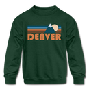Denver, Colorado Youth Sweatshirt - Retro Mountain Youth Denver Crewneck Sweatshirt - forest green