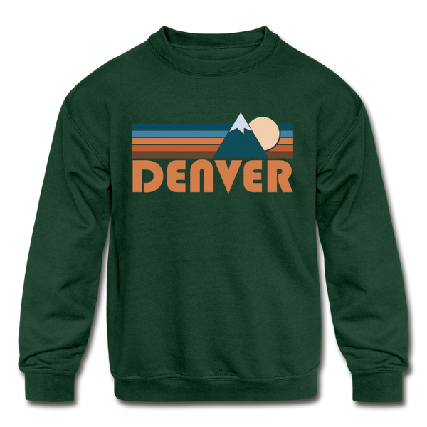 Denver, Colorado Youth Sweatshirt - Retro Mountain Youth Denver Crewneck Sweatshirt - forest green