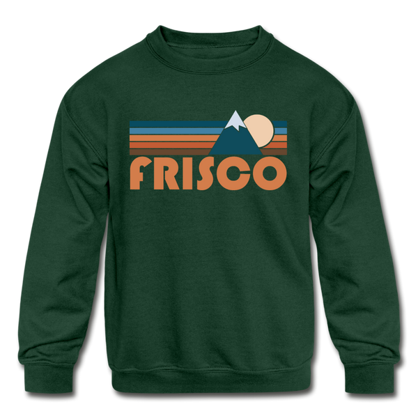 Frisco, Colorado Youth Sweatshirt - Retro Mountain Youth Frisco Crewneck Sweatshirt - forest green