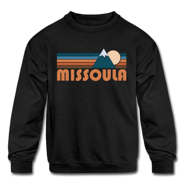 Missoula, Montana Youth Sweatshirt - Retro Mountain Youth Missoula Crewneck Sweatshirt - black