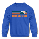 Missoula, Montana Youth Sweatshirt - Retro Mountain Youth Missoula Crewneck Sweatshirt - royal blue