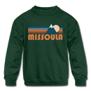 Missoula, Montana Youth Sweatshirt - Retro Mountain Youth Missoula Crewneck Sweatshirt - forest green