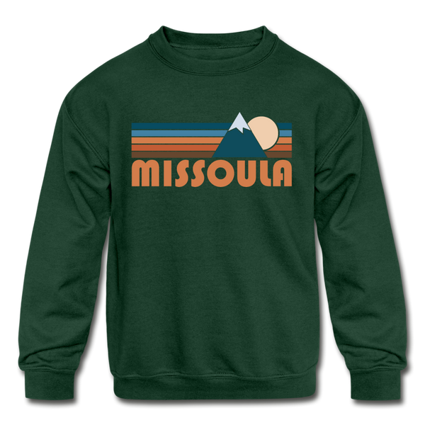 Missoula, Montana Youth Sweatshirt - Retro Mountain Youth Missoula Crewneck Sweatshirt - forest green