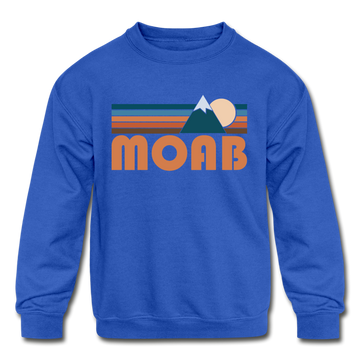 Moab, Utah Youth Sweatshirt - Retro Mountain Youth Moab Crewneck Sweatshirt - royal blue