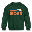 Moab, Utah Youth Sweatshirt - Retro Mountain Youth Moab Crewneck Sweatshirt - forest green