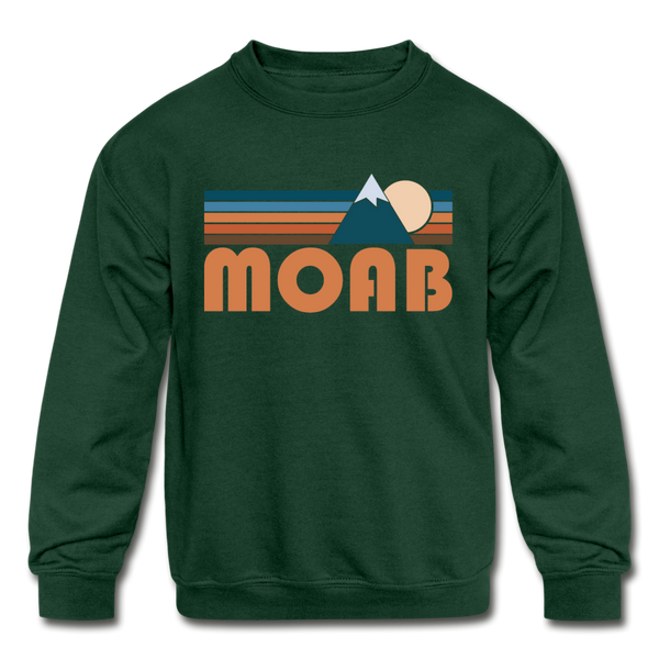 Moab, Utah Youth Sweatshirt - Retro Mountain Youth Moab Crewneck Sweatshirt - forest green