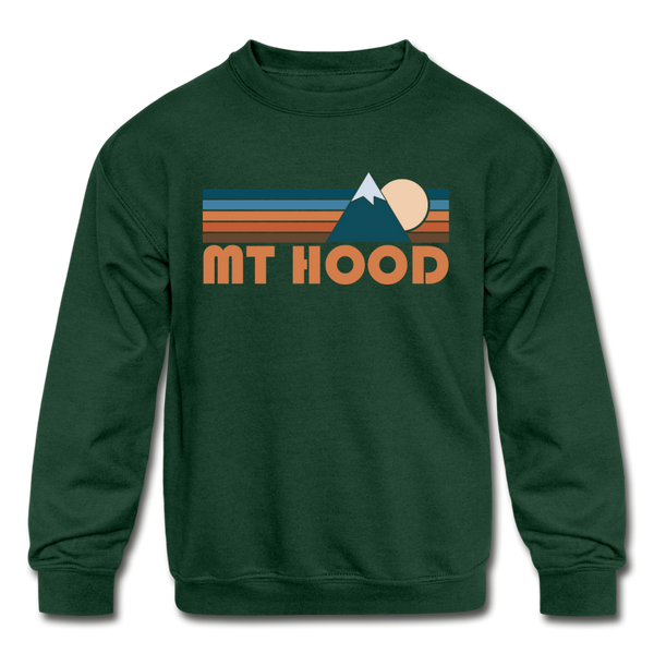 Mount Hood, Oregon Youth Sweatshirt - Retro Mountain Youth Mount Hood Crewneck Sweatshirt - forest green