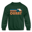 Ouray, Colorado Youth Sweatshirt - Retro Mountain Youth Ouray Crewneck Sweatshirt - forest green