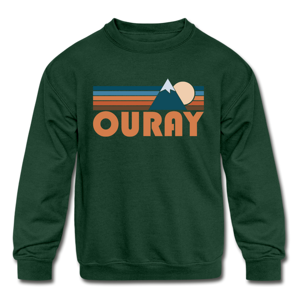 Ouray, Colorado Youth Sweatshirt - Retro Mountain Youth Ouray Crewneck Sweatshirt - forest green