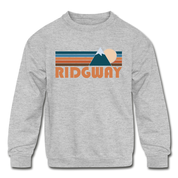 Ridgway, Colorado Youth Sweatshirt - Retro Mountain Youth Ridgway Crewneck Sweatshirt - heather gray