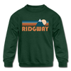 Ridgway, Colorado Youth Sweatshirt - Retro Mountain Youth Ridgway Crewneck Sweatshirt - forest green