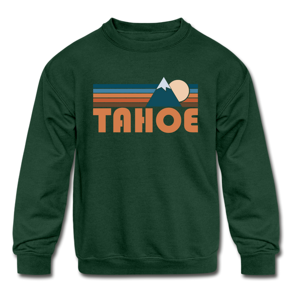 Tahoe, California Youth Sweatshirt - Retro Mountain Youth Tahoe Crewneck Sweatshirt - forest green