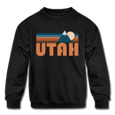 Utah Youth Sweatshirt - Retro Mountain Youth Utah Crewneck Sweatshirt - black