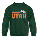 Utah Youth Sweatshirt - Retro Mountain Youth Utah Crewneck Sweatshirt - forest green
