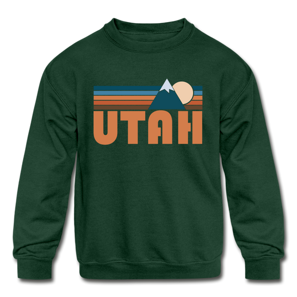 Utah Youth Sweatshirt - Retro Mountain Youth Utah Crewneck Sweatshirt - forest green