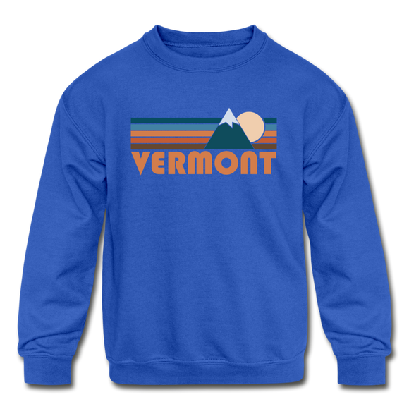 Vermont Youth Sweatshirt - Retro Mountain Youth Vermont Crewneck Sweatshirt - royal blue