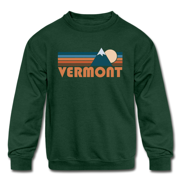 Vermont Youth Sweatshirt - Retro Mountain Youth Vermont Crewneck Sweatshirt - forest green