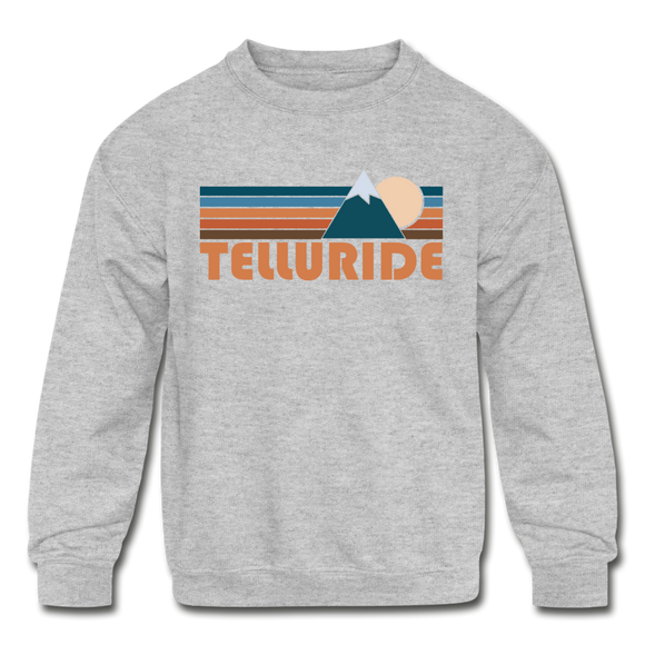 Telluride, Colorado Youth Sweatshirt - Retro Mountain Youth Telluride Crewneck Sweatshirt - heather gray
