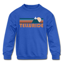 Telluride, Colorado Youth Sweatshirt - Retro Mountain Youth Telluride Crewneck Sweatshirt - royal blue