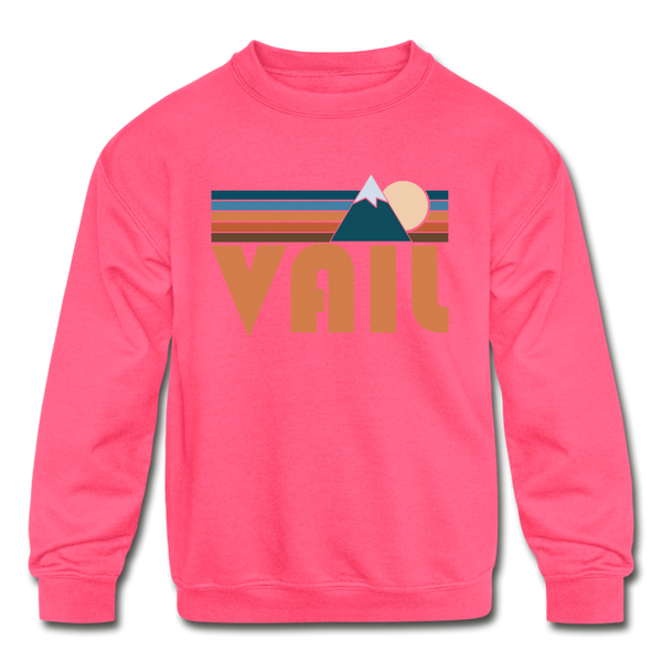 Vail, Colorado Youth Sweatshirt - Retro Mountain Youth Vail Crewneck Sweatshirt - neon pink