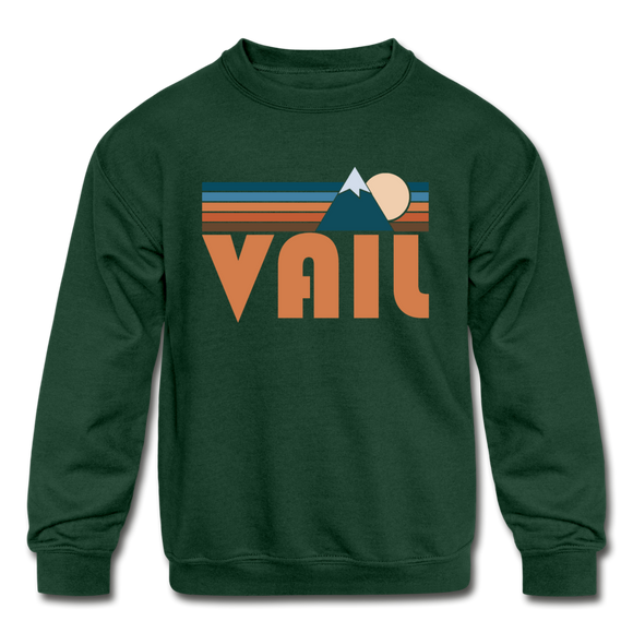 Vail, Colorado Youth Sweatshirt - Retro Mountain Youth Vail Crewneck Sweatshirt - forest green