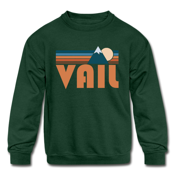 Vail, Colorado Youth Sweatshirt - Retro Mountain Youth Vail Crewneck Sweatshirt - forest green