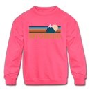 Wyoming Youth Sweatshirt - Retro Mountain Youth Wyoming Crewneck Sweatshirt - neon pink